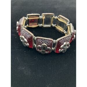 Red Glitter Enamel Silver Tone Fleur De Lis Stretch Bracelet Fashion Jewelry